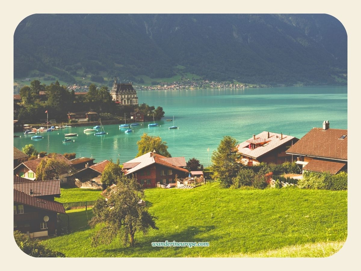 The lush and turquoise Lake Brienz scenery from Iseltwald, Jungfrau Region, Switzerland