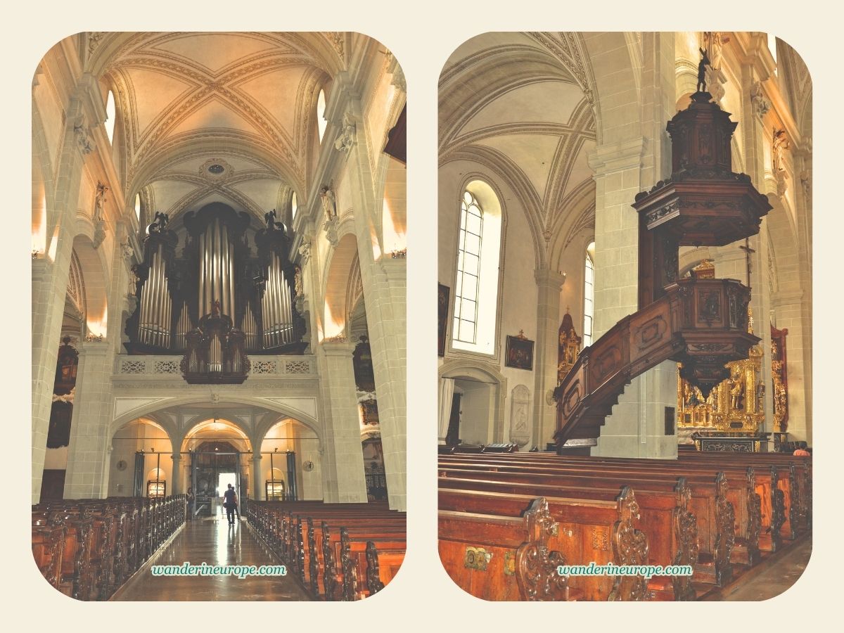 The massive organ and the pulpit of Church of St. Leodegar in Lucerne, Switzerland