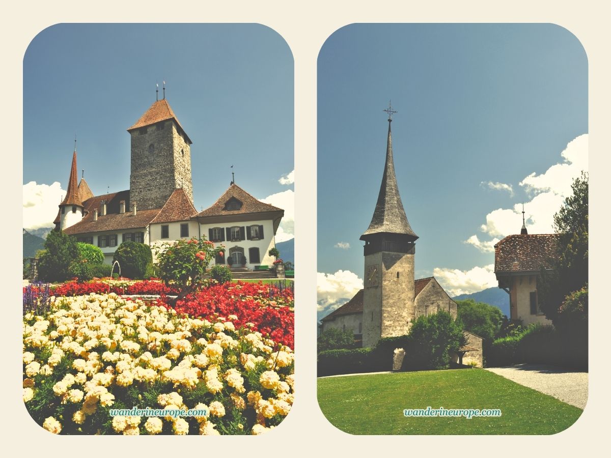 The picturesque Spiez Castle park, Schlosskirche Spiez beside Lake Thun, Switzerland