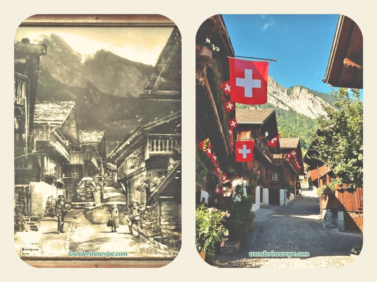 The preserved Brunngasse (before and after) in Brienz, Jungfrau Region, Switzerland