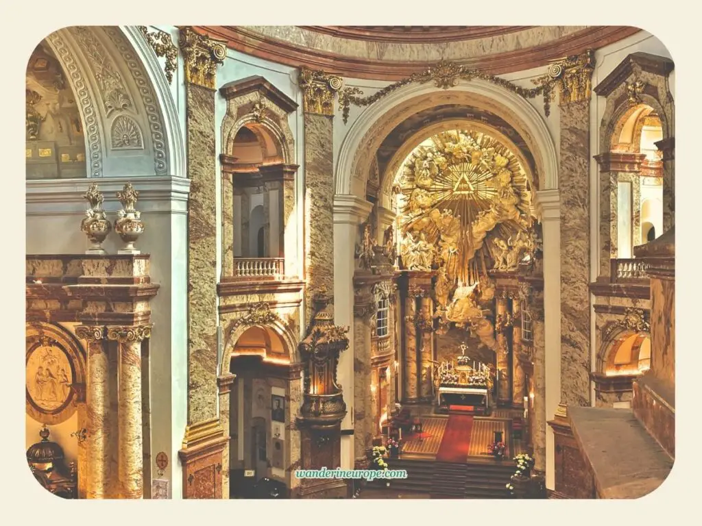 The view of Karlskirche’s interiors from the organ loft, Vienna, Austria
