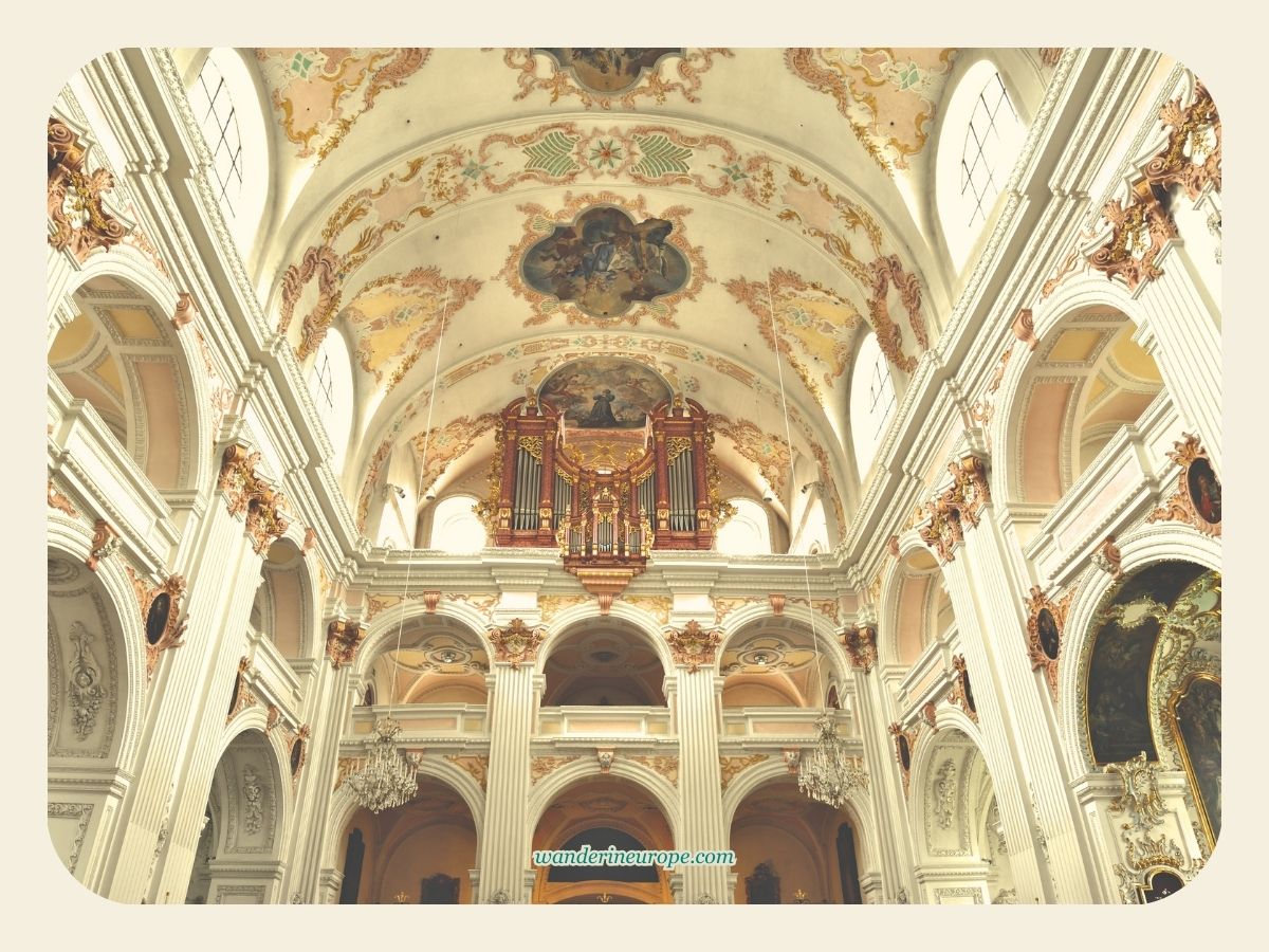 The view of the back end part of the nave of the Jesuit Church in Lucerne, Switzerland