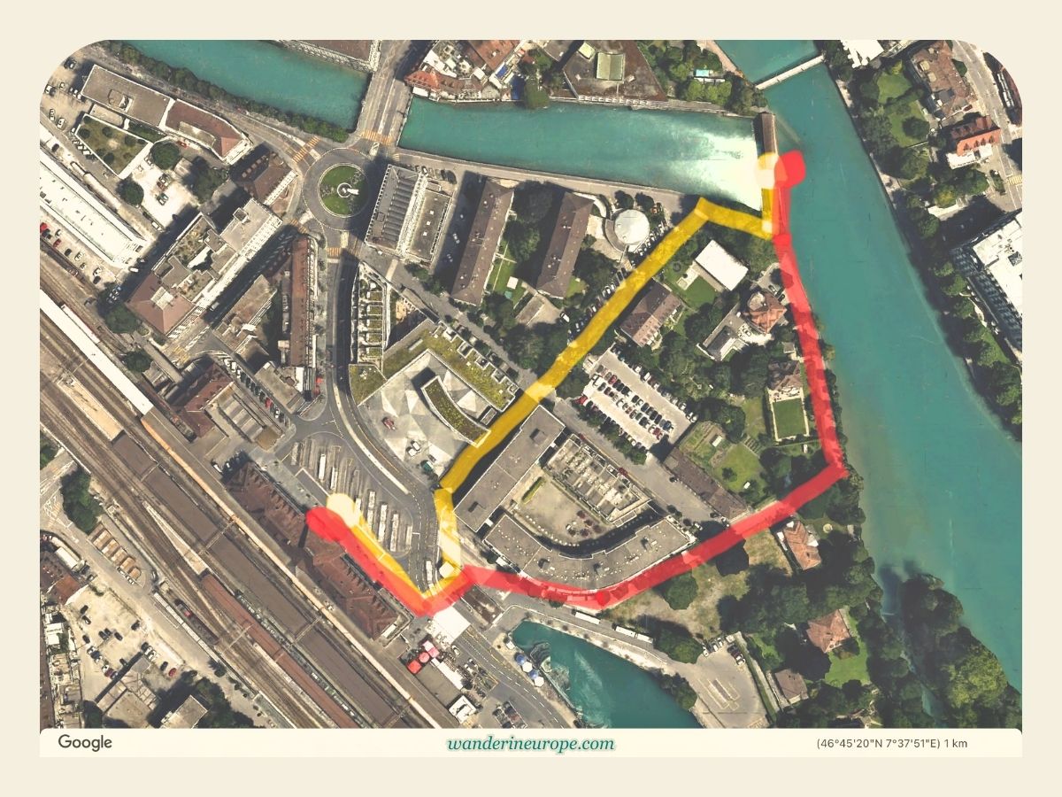 Thun Train Station to Obere Schleuse Brücke (yellow = shortest path, red = scenic route) - Thun Walking Tour, Switzerland