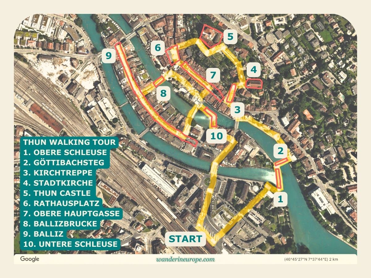 Thun Walking Tour map with tourist attractions and route - Thun, Switzerland