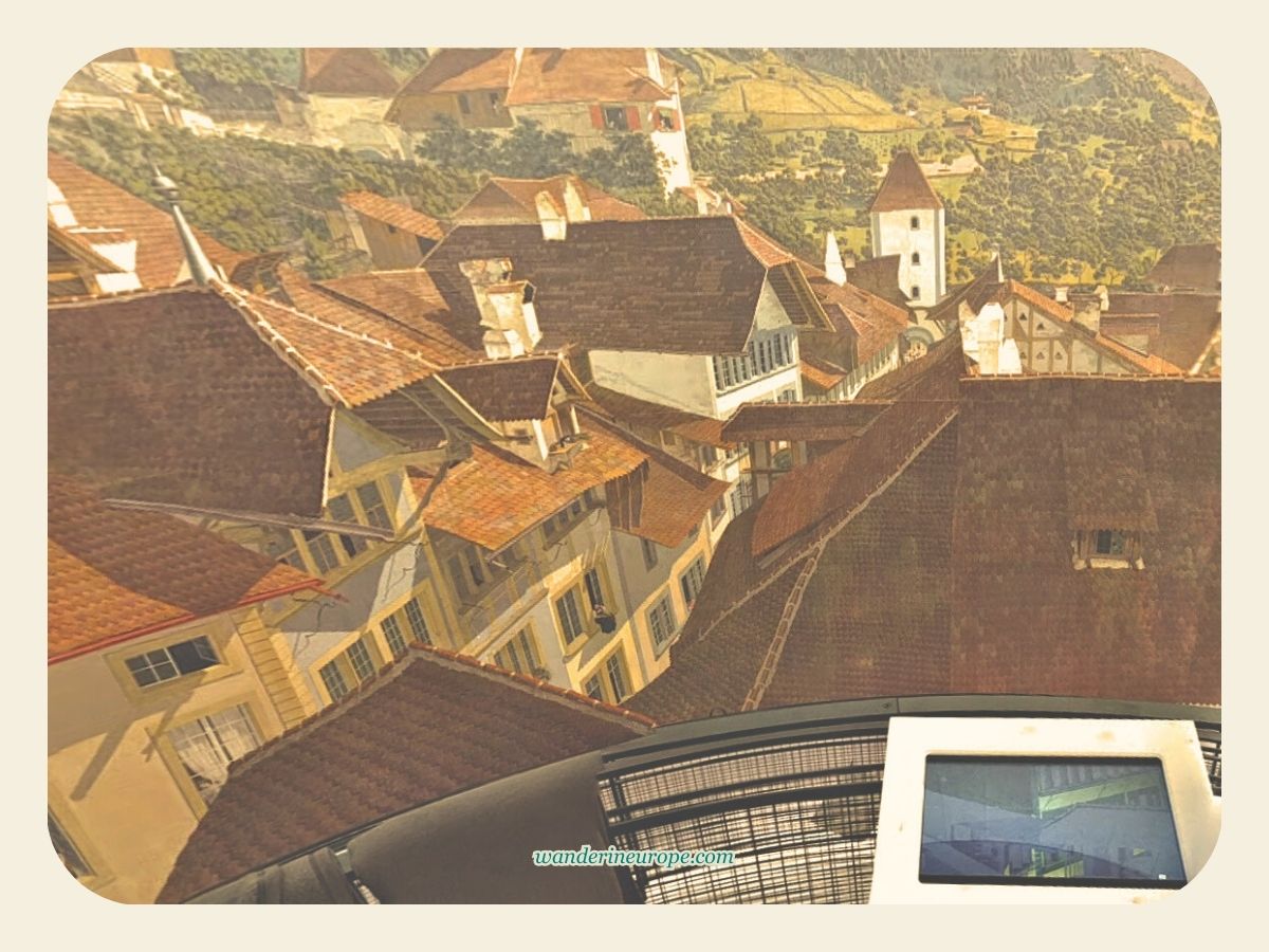 Thun panorama and an interactive display on the top level viewing platform in Thun, Switzerland