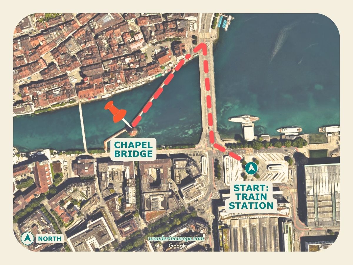 Train Station To Chapel Bridge, map and route in Lucerne, Switzerland