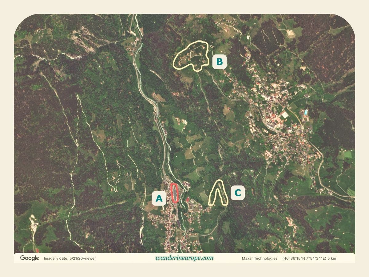 Train station (A), Wengwald (B), Lauterbrunnen-Wengen hiking trail viewpoint (C) - Map of Lauterbrunnen, Switzerland