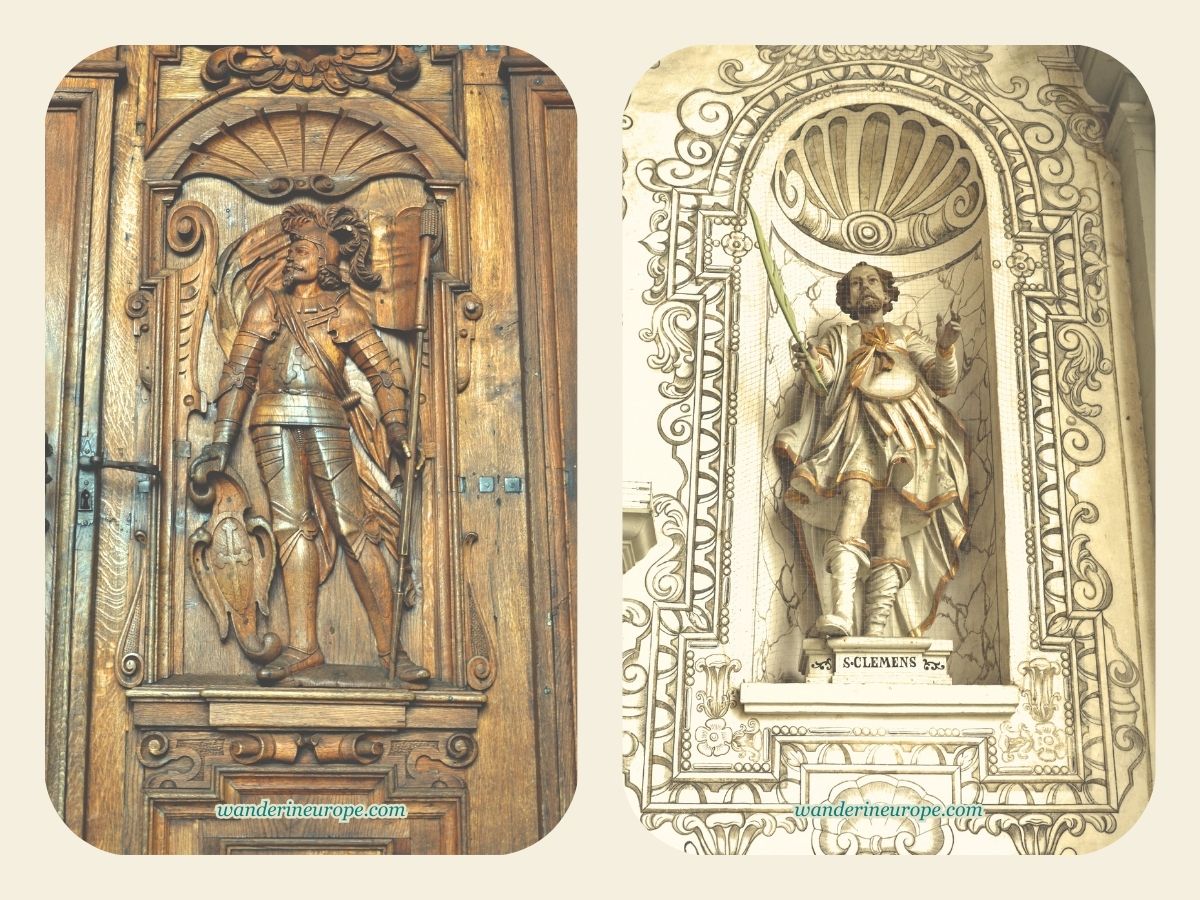 Two of the beautiful reliefs, sculptures or murals in the entrance of Church of St. Leodegar in Lucerne, Switzerland