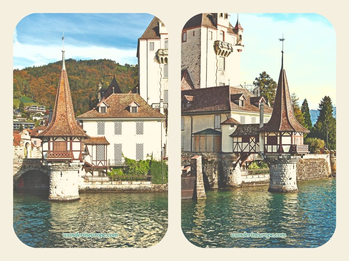 Two sides of the water tower of Oberhofen Castle seen from a boat in Lake Thun, Switzerland