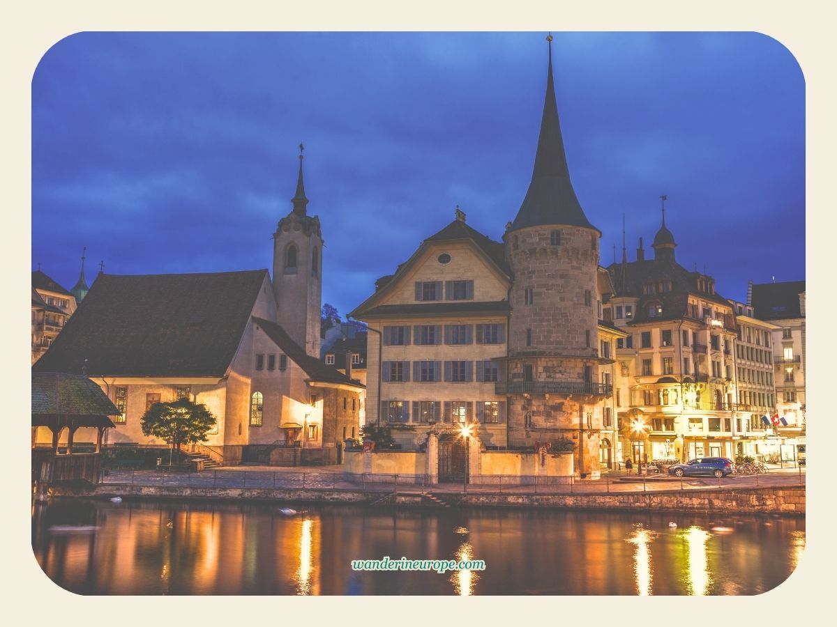 View from River Reuss at night in Lucerne, Switzerland