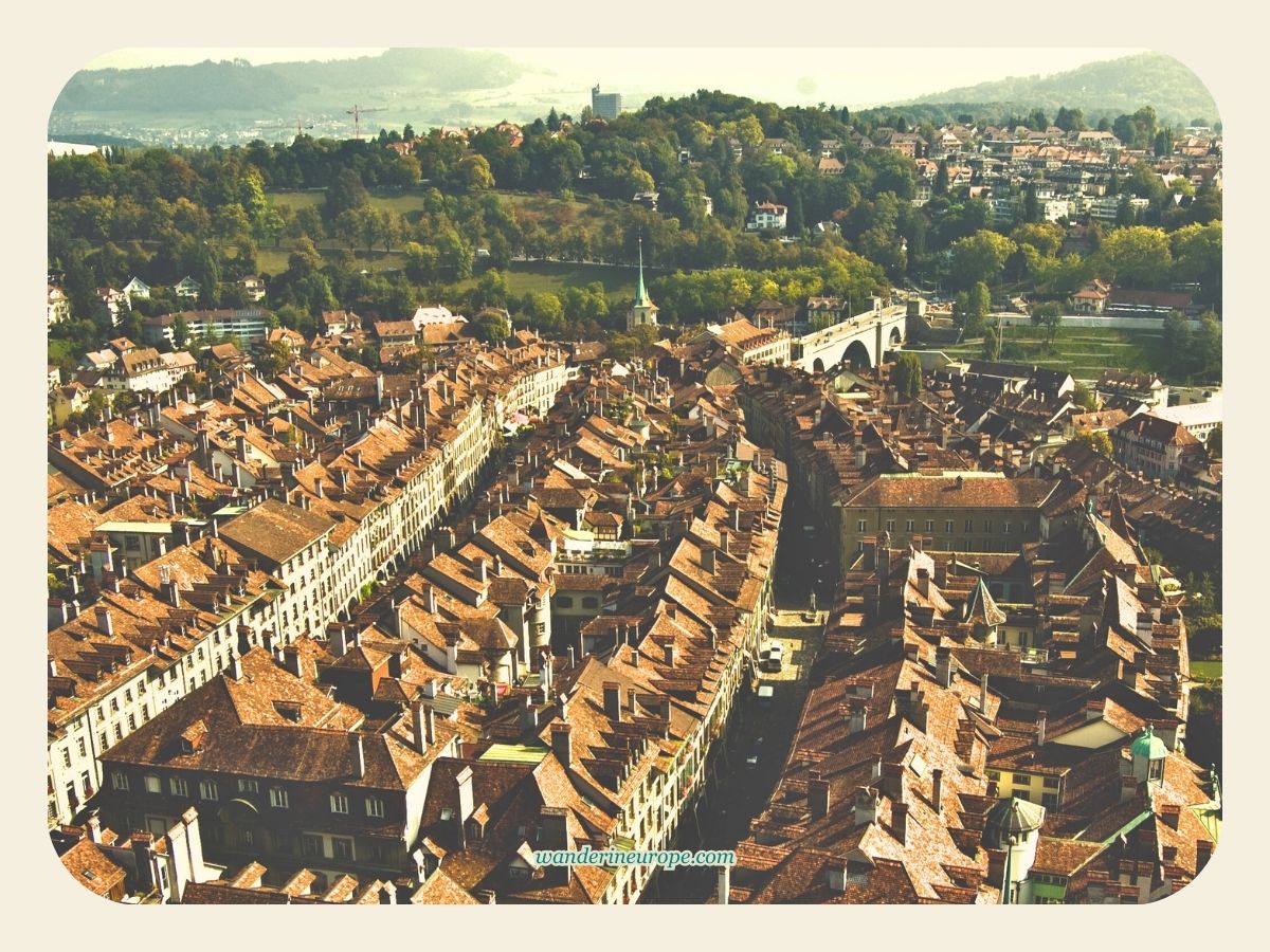 View of Bern UNESCO old city from Bern Cathedral's spire in Bern, Switzerland