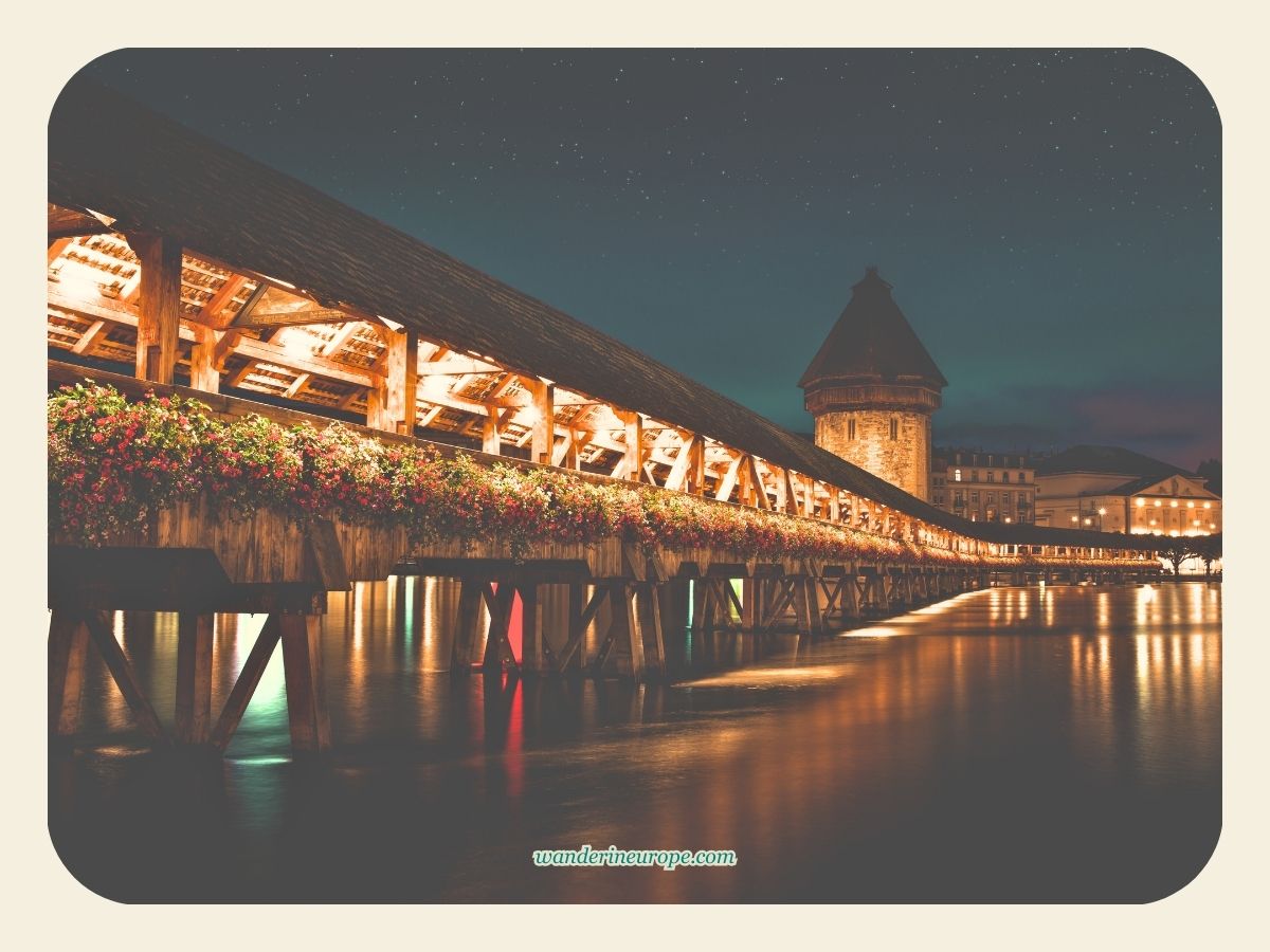 View of Chapel Bridge from Rathausquai (Night) in Lucerne, Switzerland