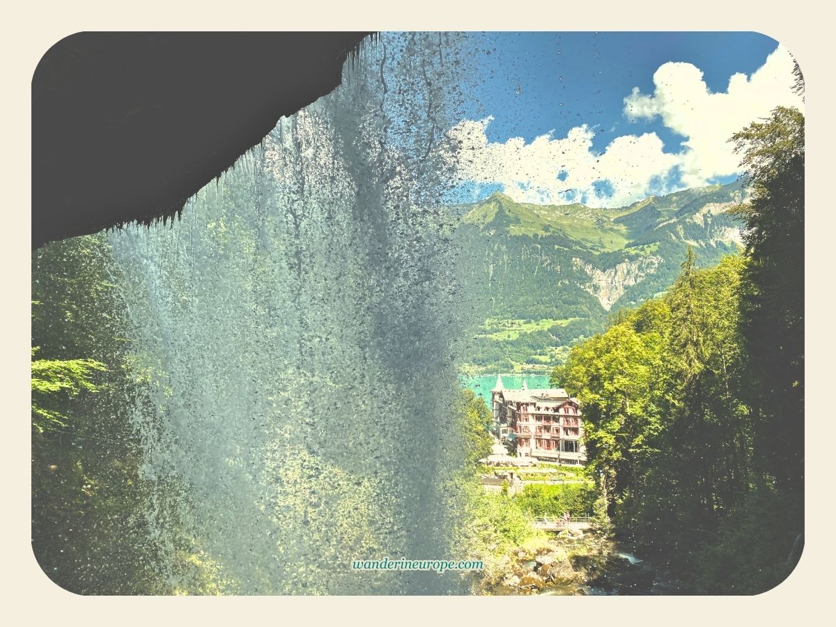 View of Grand Giessbach Hotel from the hiking trail in Giessbach Waterfall, Jungfrau Region, Switzerland