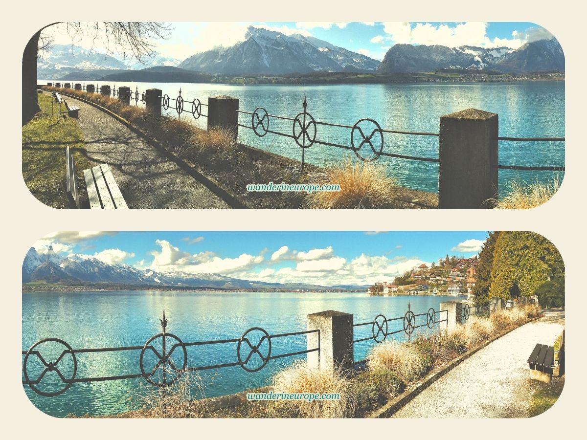 View of Lake Thun from Oberhofen Castle park in Thun, Switzerland