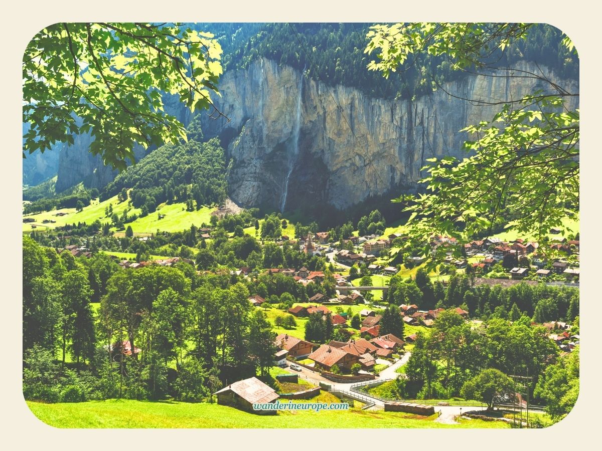 View of Lauterbrunnen from the hiking trail to Wengen, Lauterbrunnen, Switzerland