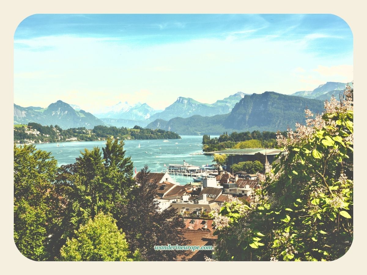 View of Lucerne, Lake Lucerne, and Swiss Alps from the ramparts of Musegg Wall in Lucerne, Switzerland