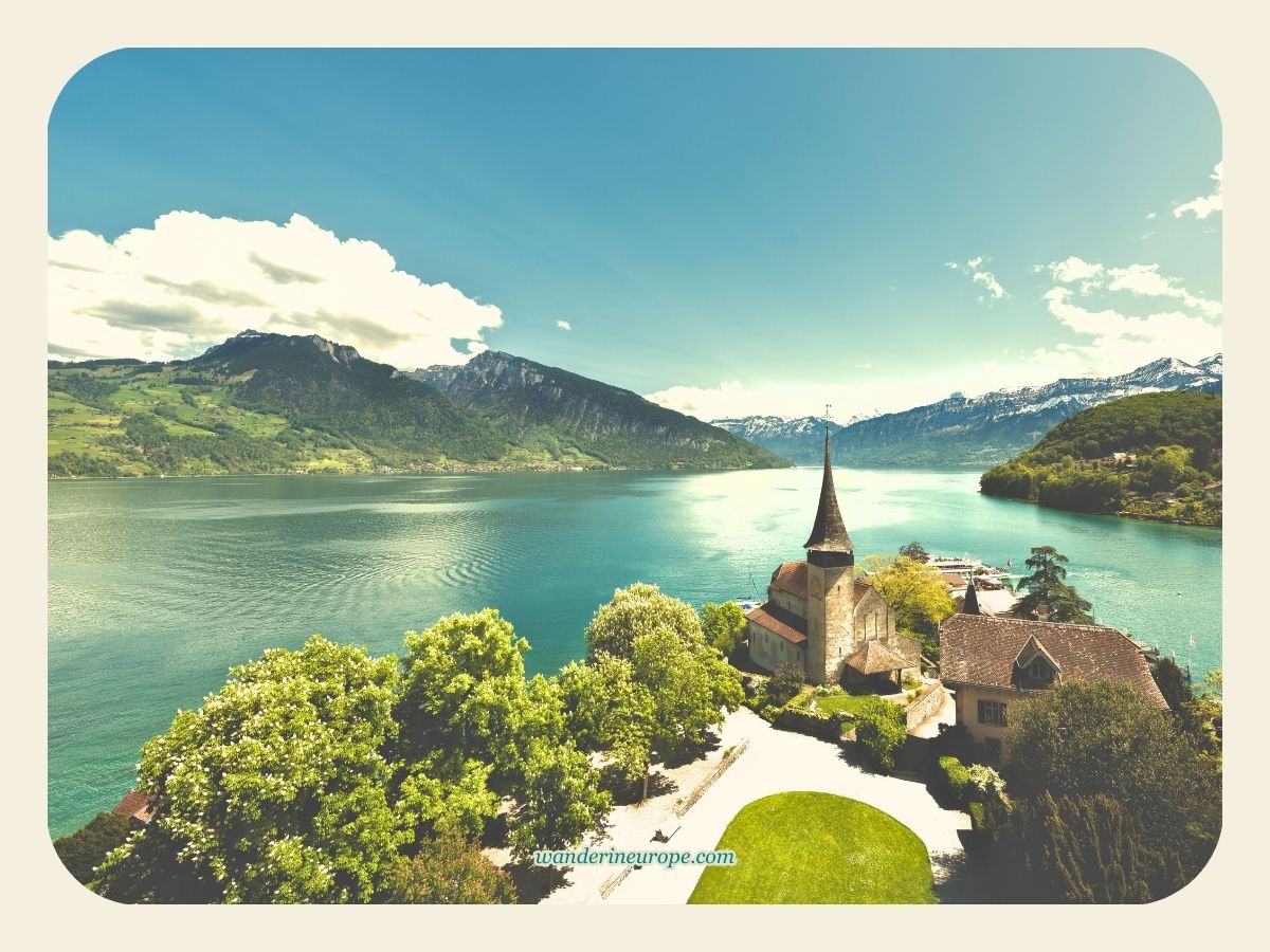 View of Spiez Castle's chapel and Lake Thun from the castle tower in Spiez, Switzerland