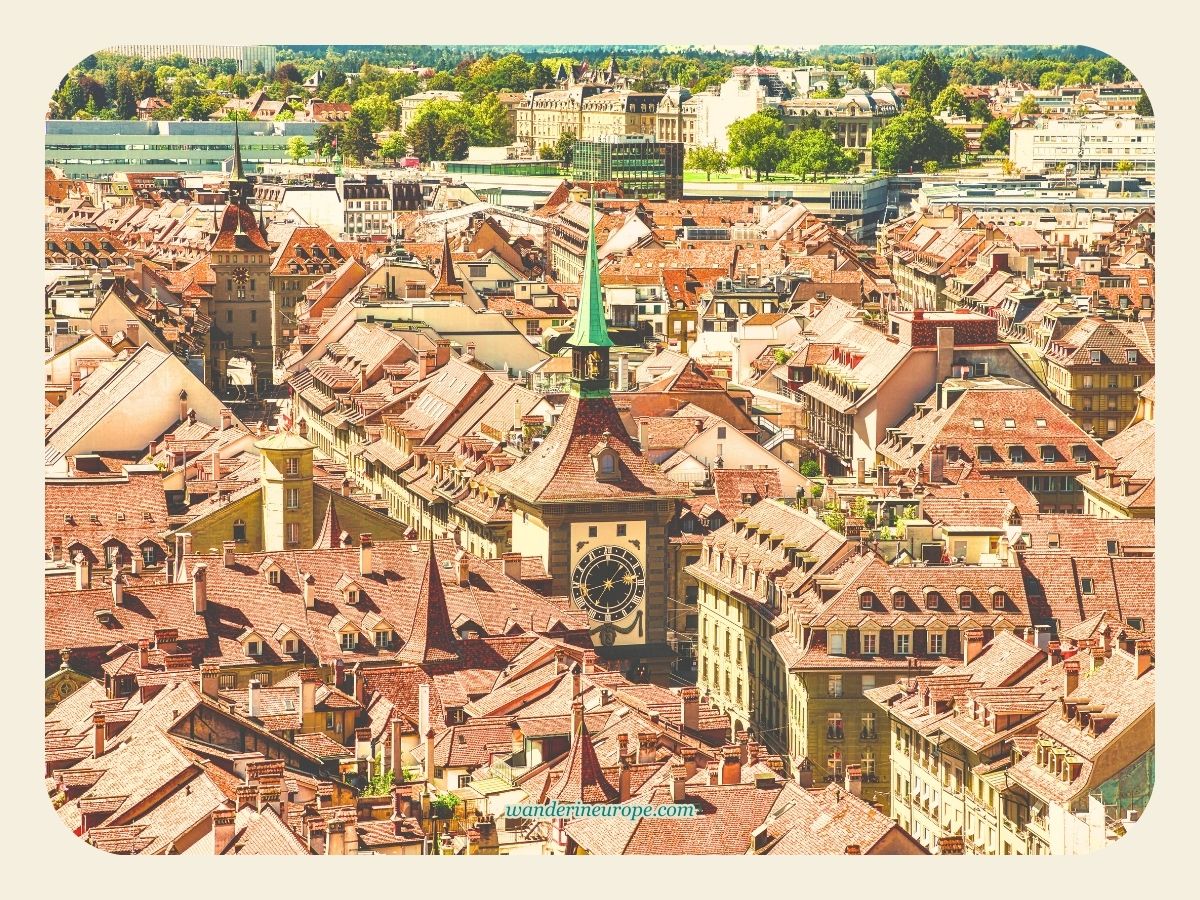 View of Zytglogge from Bern Cathedral in Bern, Switzerland