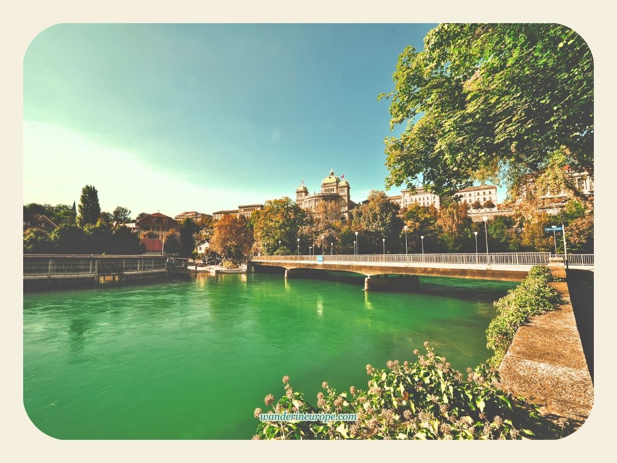 View of the Aare River and Bundeshaus from Dalmaziquai in Bern, Switzerland