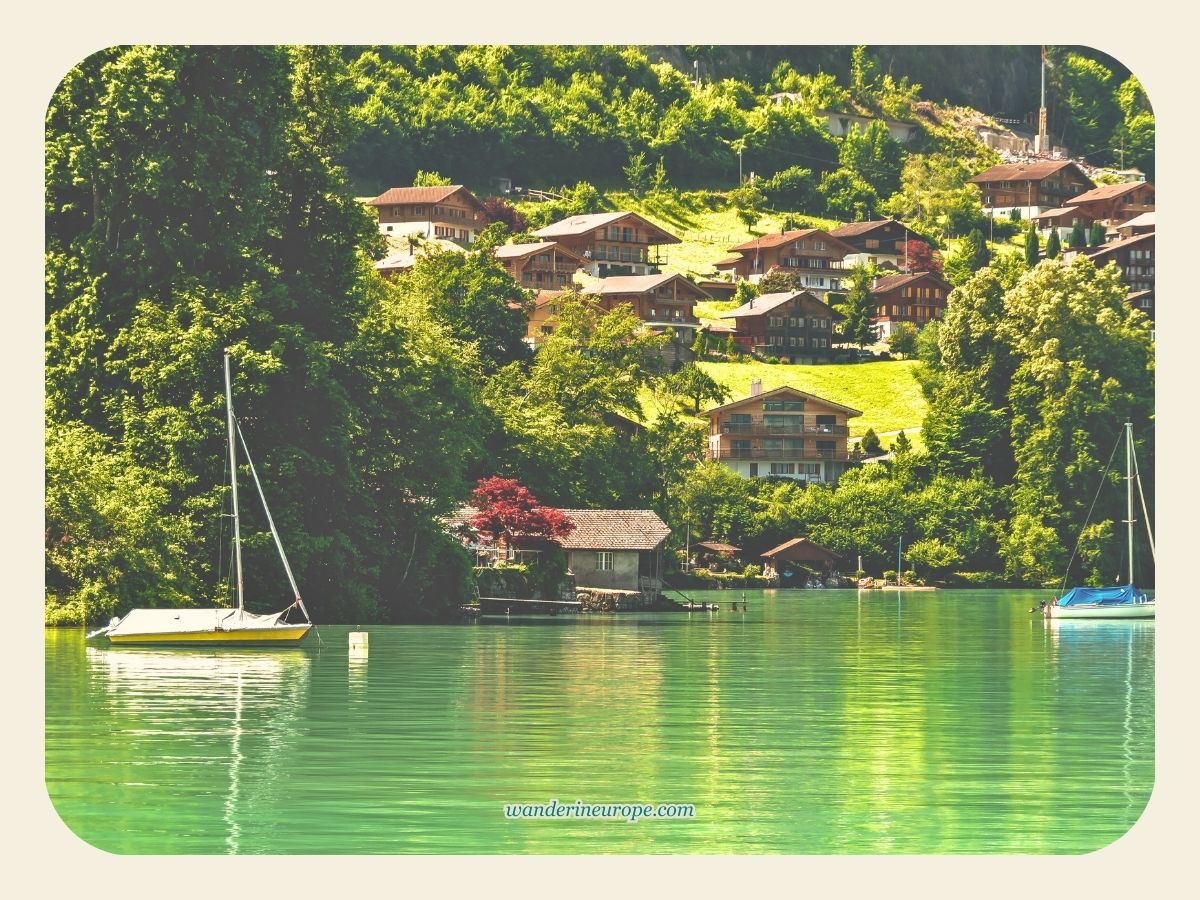 View of the houses in Iseltwald from Lake Brienz, Jungfrau Region, Switzerland