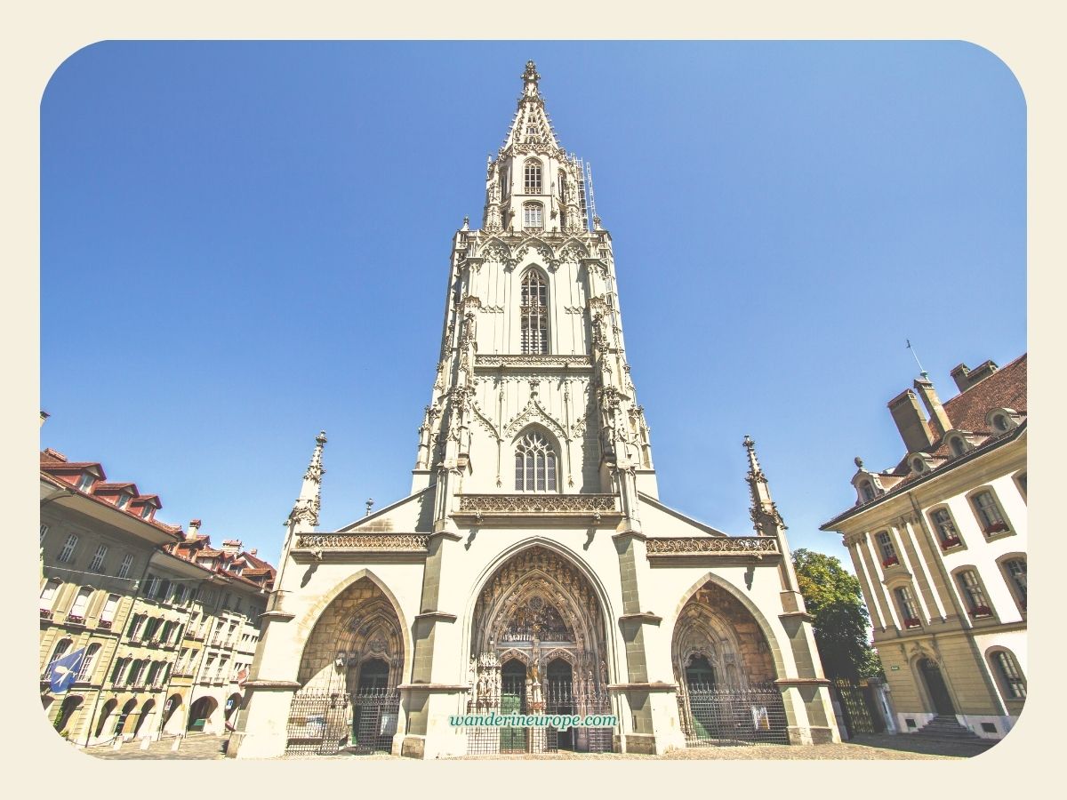 View of the imposing facade of Bern Cathedral in Bern, Switzerland
