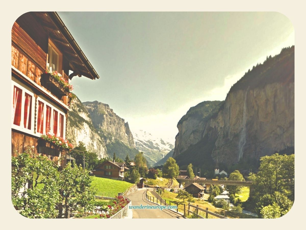 View of the village and Staubbach waterfall from Stocki Road, Lauterbrunnen, Switzerland