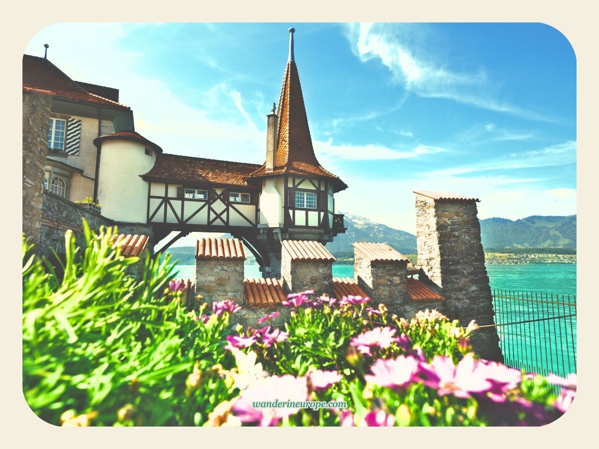 View of the water tower from the cafeteria in Oberhofen Castle, Thun, Switzerland