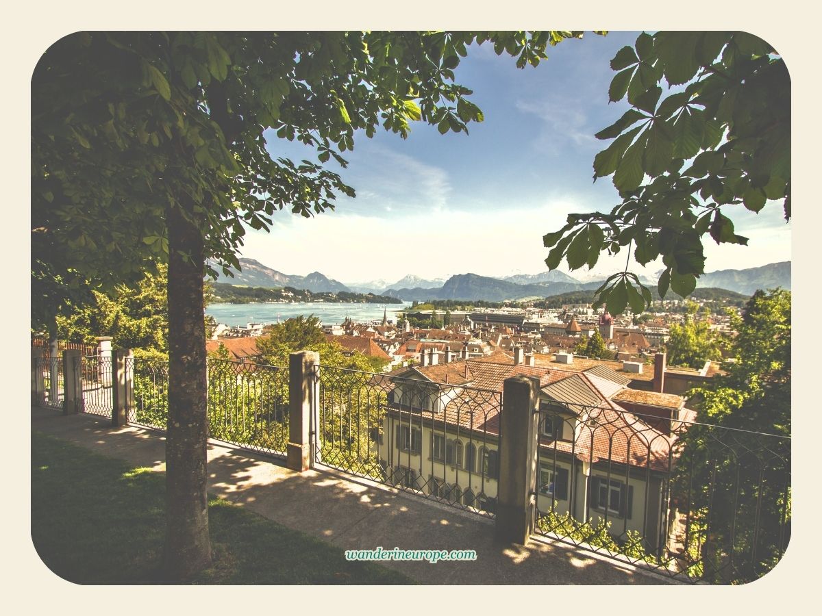 View on the pathway near Bistro Mes and Musegg Wall in Lucerne, Switzerland