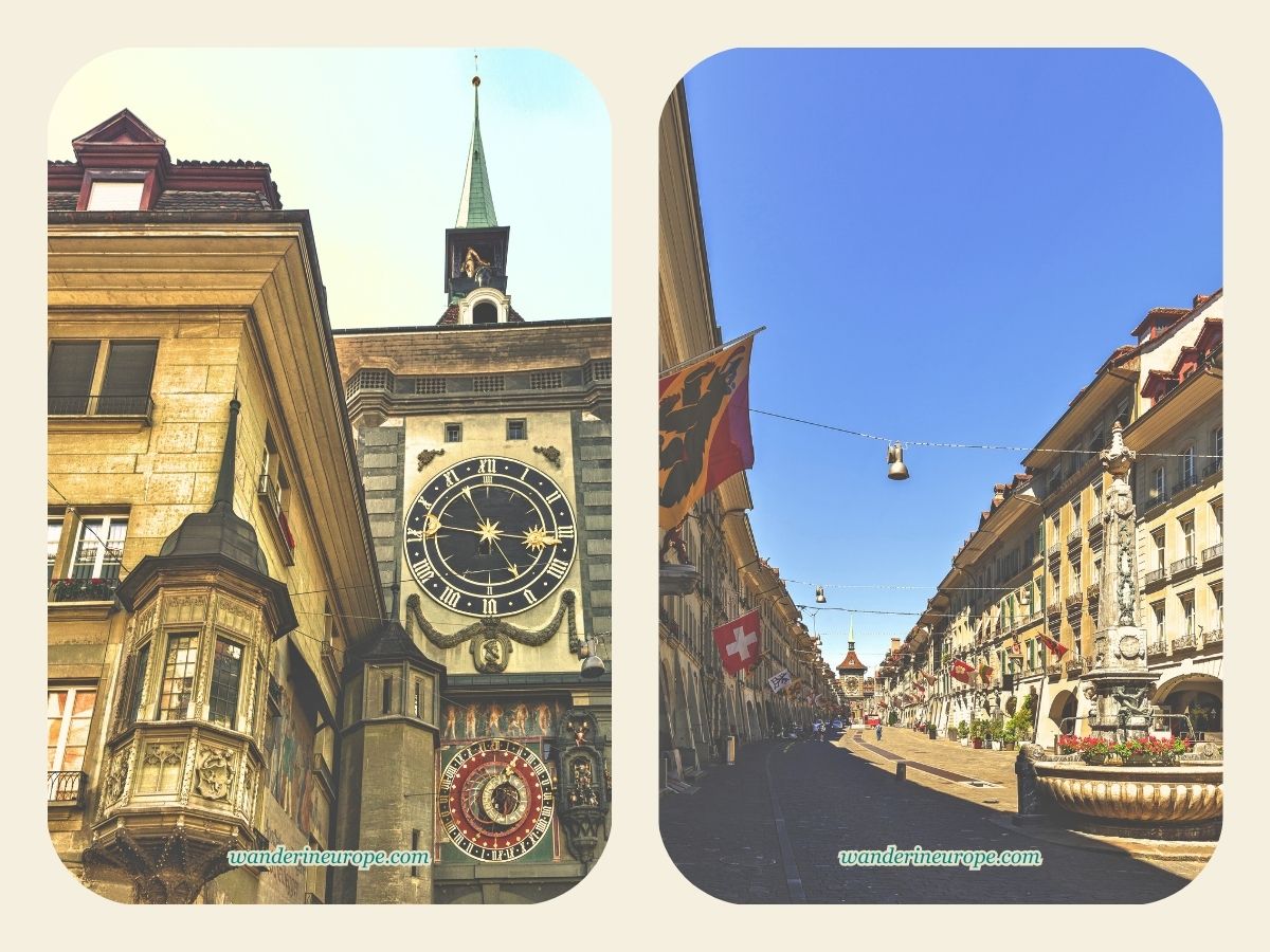 Zytglogge (left), Kramgasse (right), tourist attractions for 2-day trip to Bern, Switzerland