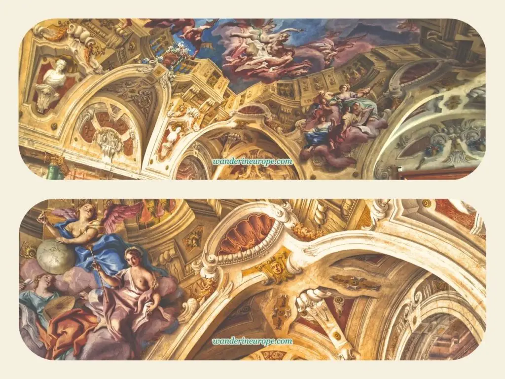 A closer look at the details of the frescoes inside the Carlone Hall of the Upper Belvedere Palace, Vienna, Austria