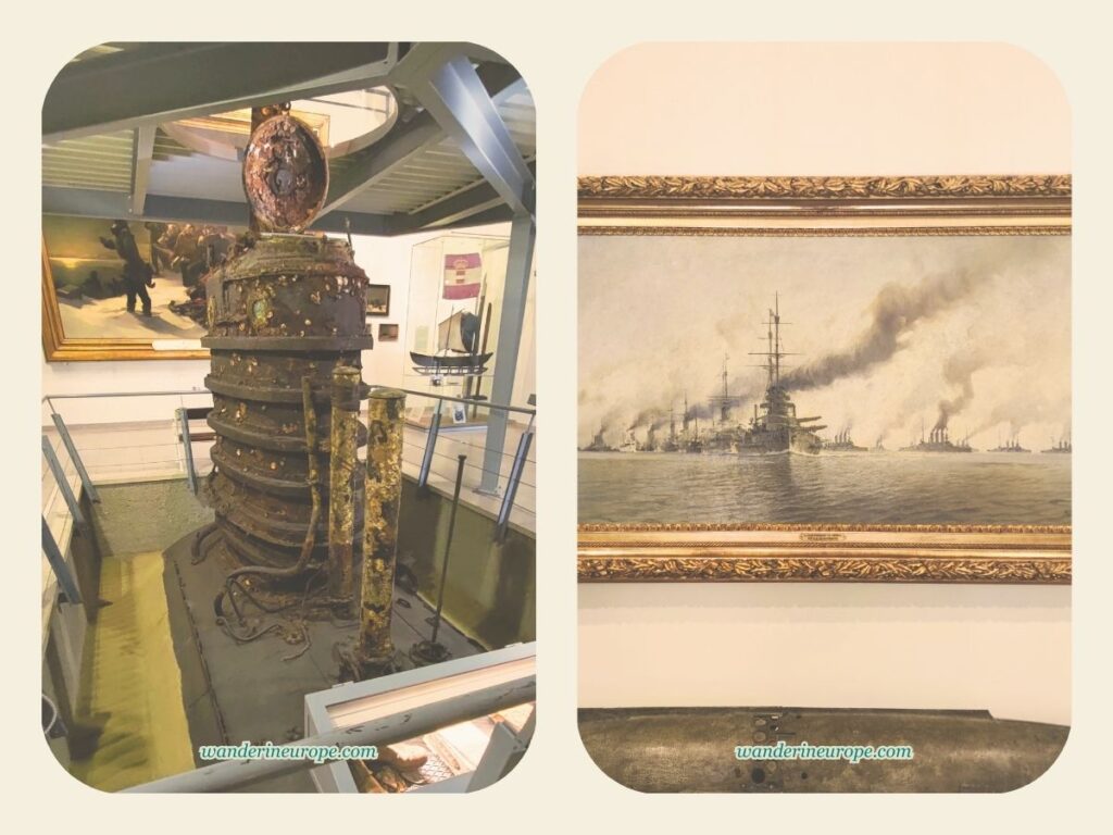 A relic of an old submarine and the painting of Austrian Naval Army, Museum of Military History, Vienna, Austria