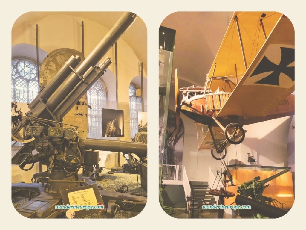 Air defense gun and biplane fighter, Museum of Military History, Vienna, Austria