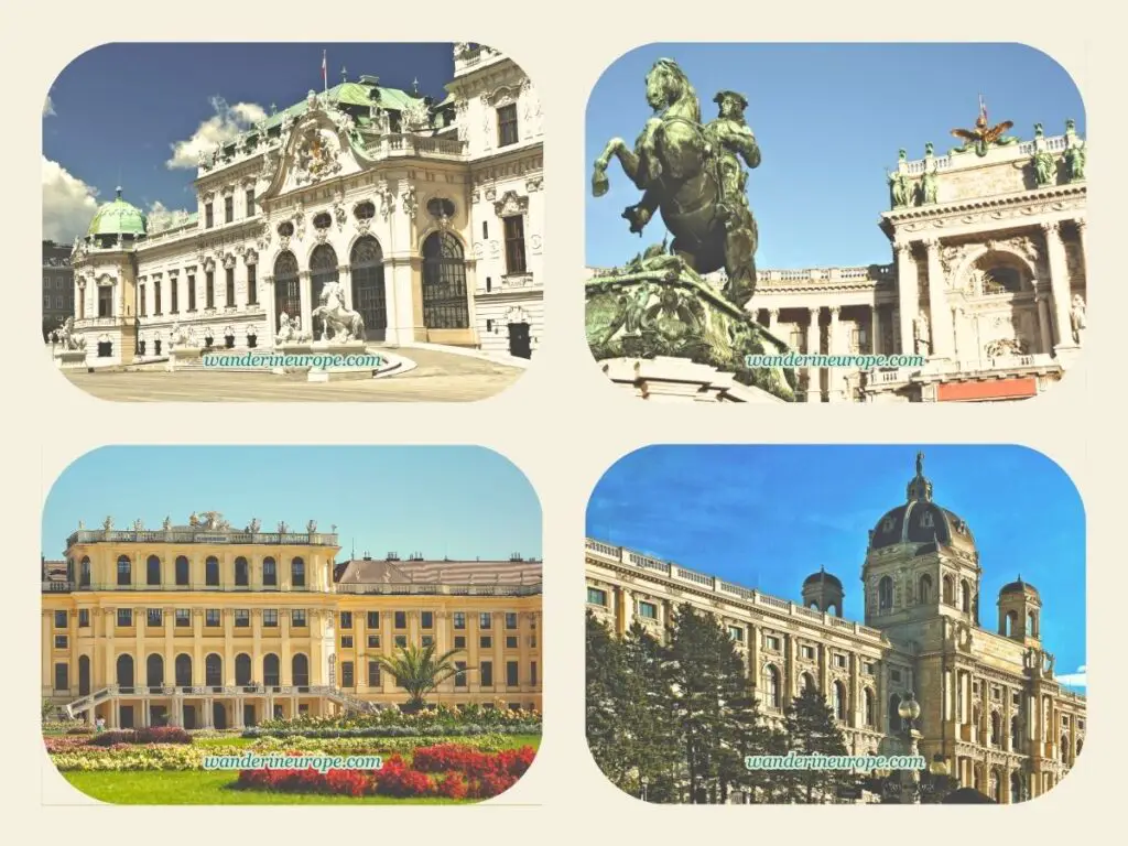 Belvedere Palace and other notable landmarks (Hofburg, Schönbrunn, and Kunsthistorisches Museum) in Vienna, Austria
