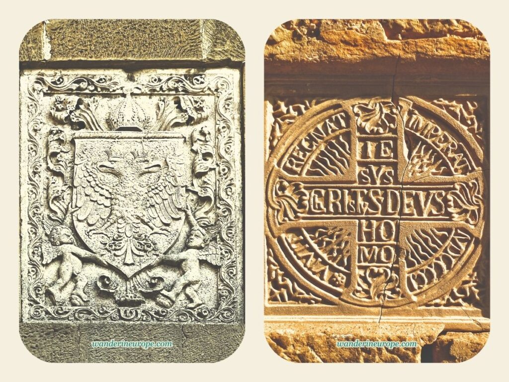 Habsburg coat of arms and religious reliefs — hidden gems of Kreuzenstein Castle, near Vienna, Austria