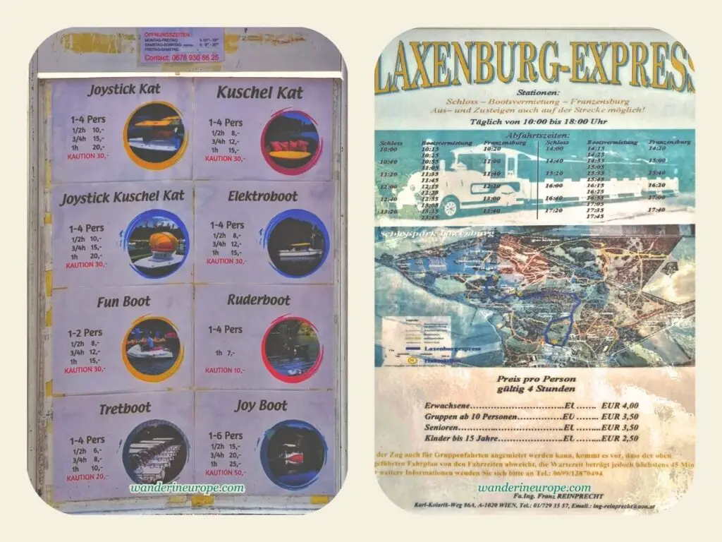 Laxenburg Express and boat rent info boards, near Vienna, Austria