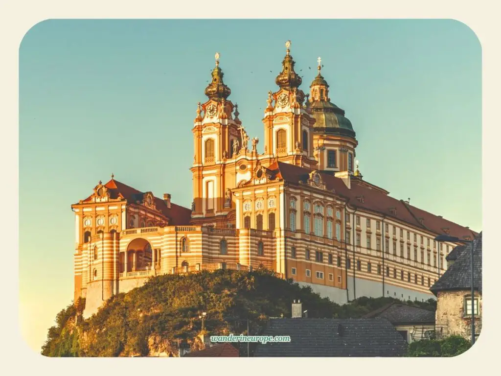 Magical view of the Melk Abbey during the golden hour, a must see place from Vienna, Austria