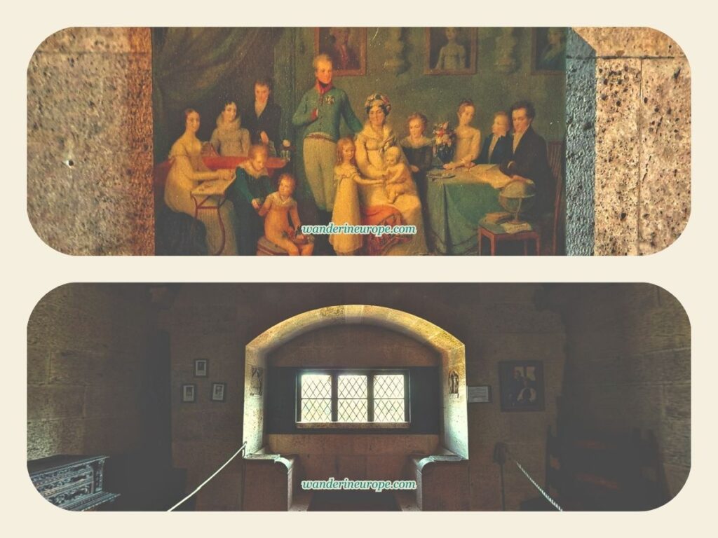 Painting of the Johann von Liechtenstein and his family (up) and windows with seats of Liechtenstein Castle (down), Vienna, Austria