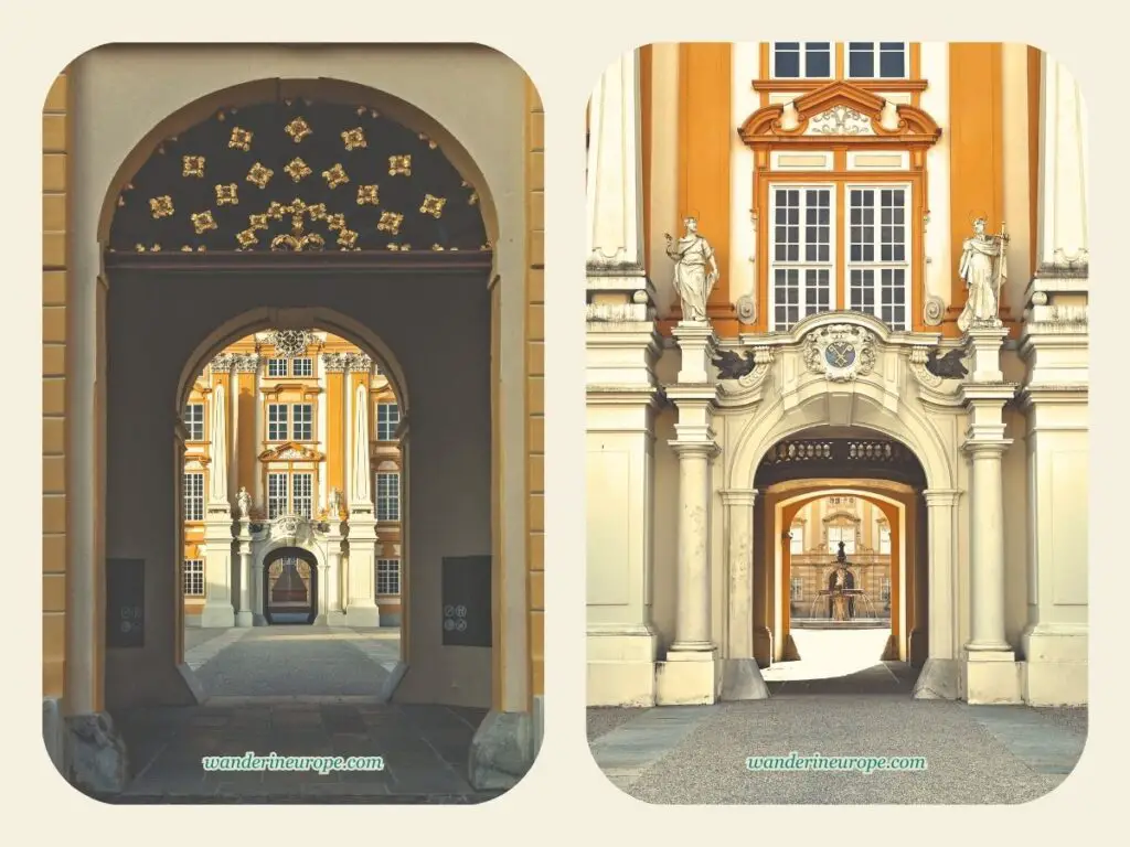 Portals and arches of Melk Abbey, a day trip from Vienna, Austria