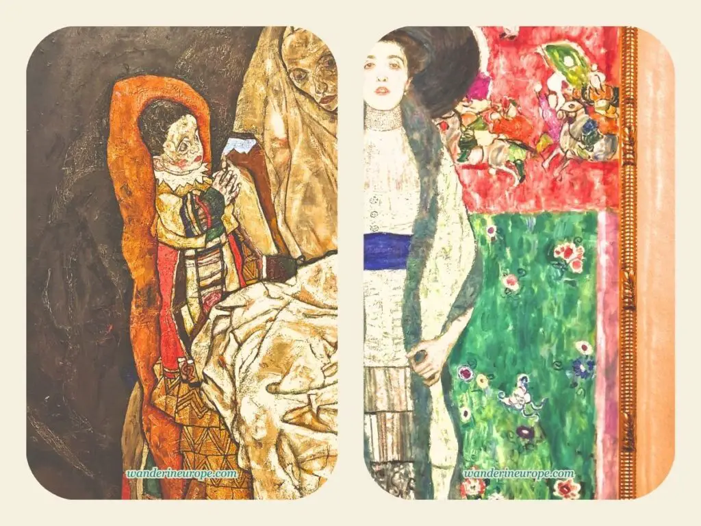 The Two Stories of a Woman — Left, Mother with Two Children — Right, Portrait of Adele Bloch by Gustav Klimt, Belvedere Palace, Vienna, Austria