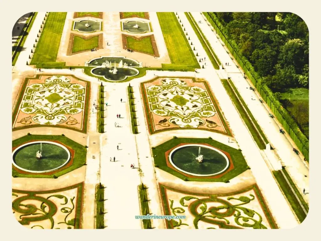 The beautiful planting beds of the Baroque Garden of Belvedere Palace (drone shot), Vienna, Austria