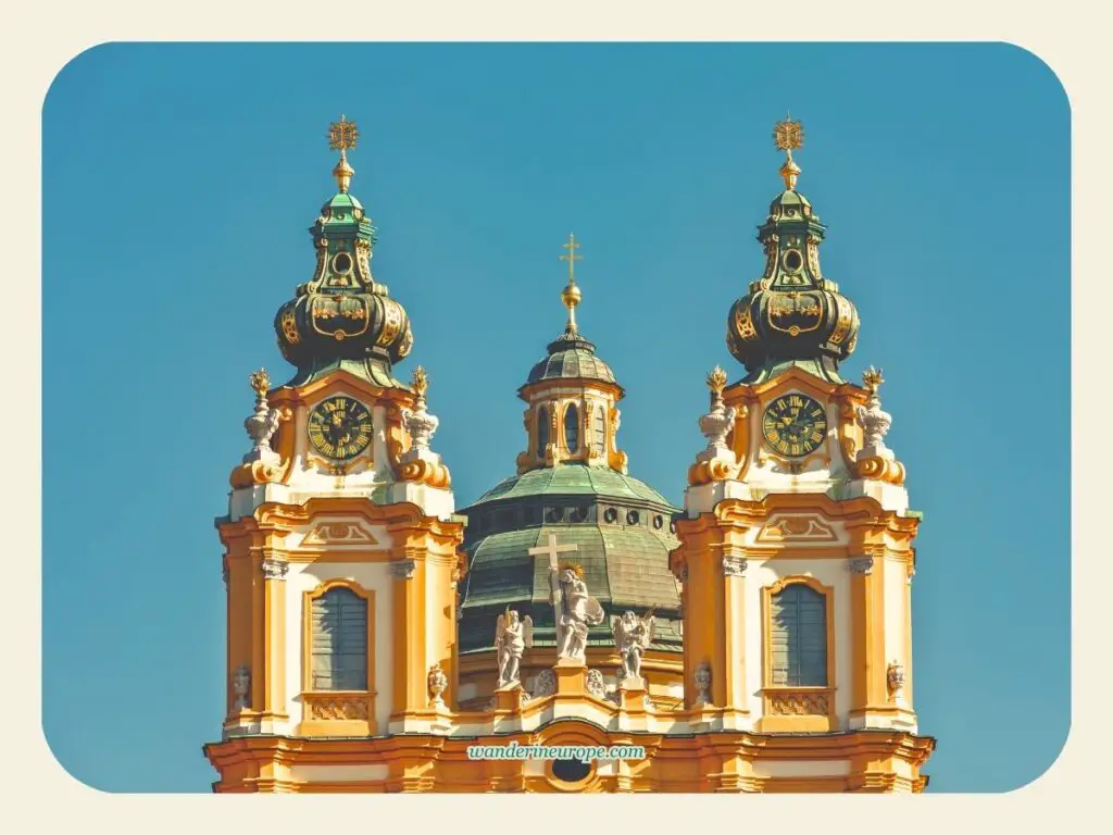 The intricate spires of the church of Melk Abbey, a must see from Vienna, Austria