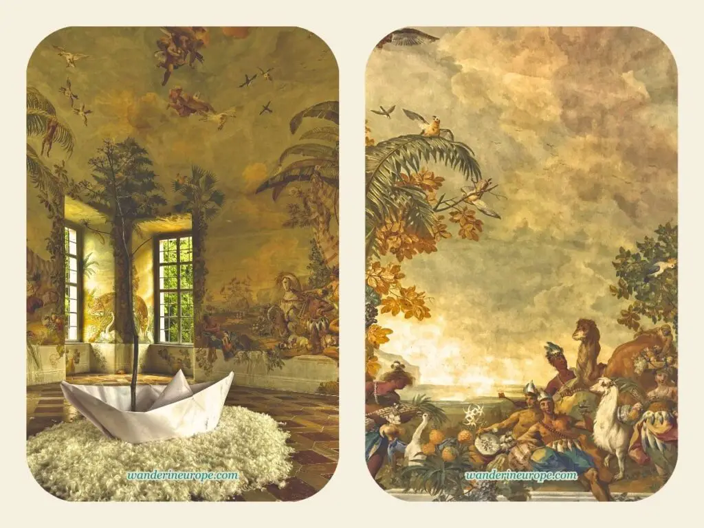Wall frescoes of the Abbey park pavilion that looks like a view of a paradise, a must-see place you can visit from Vienna, Austria