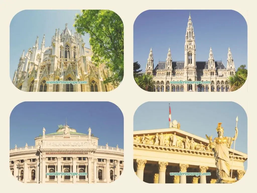 (1) Votivkirche, (2) Rathaus, (3) Burgtheater, and (4) Austrian Parliament Building — four of the eight unmissable landmarks to see along Ringstrasse, Vienna Austria