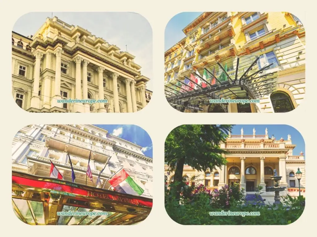 (5) Justizpalast, (6) Grand Hotel Wien, (7) Hotel Imperial Wien, and (8) Kursalon, another four of the 10 other notable landmarks along Ringstrasse, Vienna, Austria