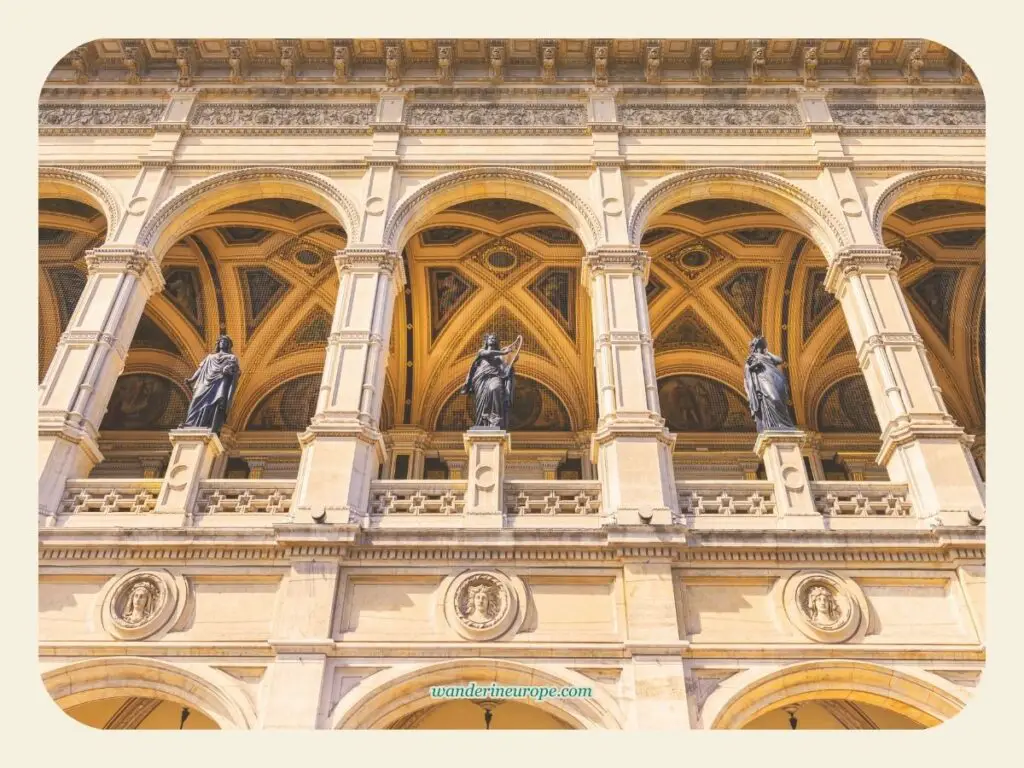 A closer look to the facade of Vienna State Opera, the first stop during a walking tour along Ringstrasse, Vienna, Austria