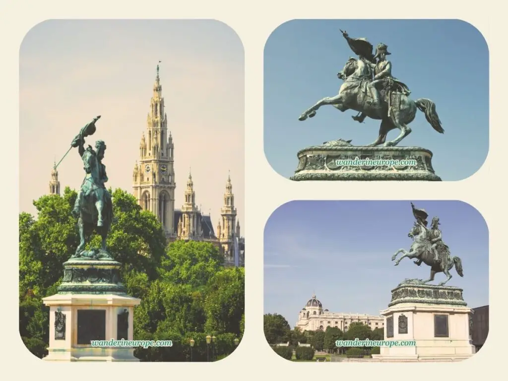 Archduke Karl monument in Heldelplatz with different landmarks along Ringstrasse in the backdrop, Vienna, Austria