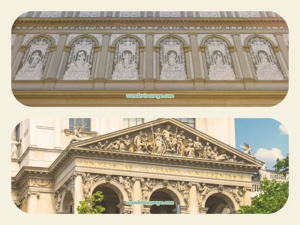 Architectural details of the main building of the University of Vienna, a beautiful architecture in Vienna, Austria
