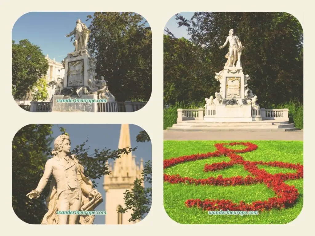 Different angle views of the Mozart Monument, Vienna, Austria