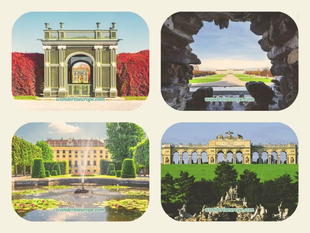 Different parts of Schonbrunn Palace, an architectural marvel in Vienna, Austria