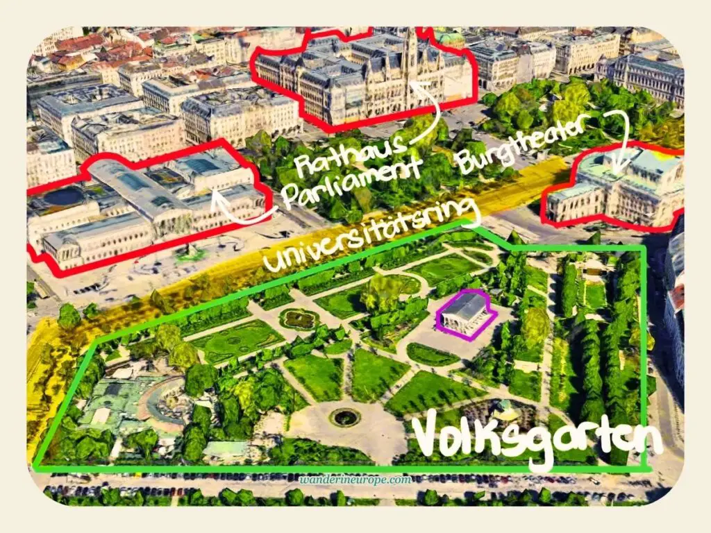 Location of Volksgarten plus the architectural landmarks and notable landmarks that you can see from this garden, shown on a map of Ringstrasse, Vienna, Austria